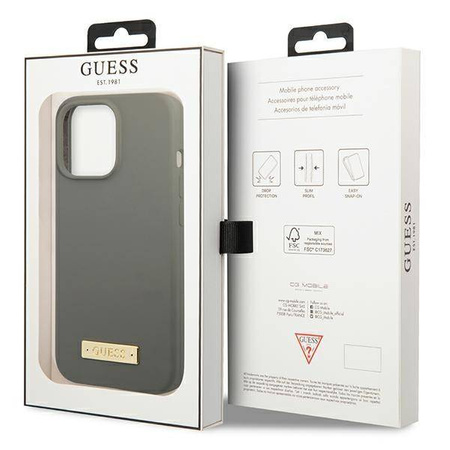 Original Case IPHONE 13 PRO MAX Guess Hard Case Silicone Logo Plate MagSafe (GUHMP13XSPLG) gray