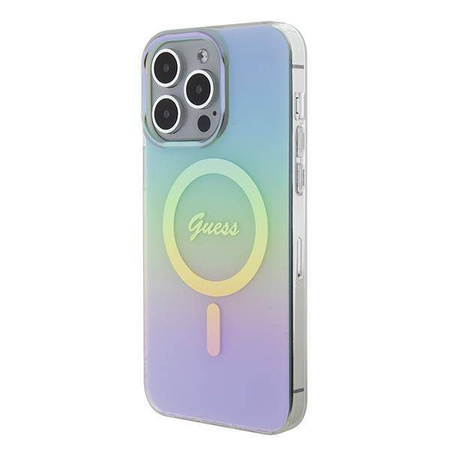 Oryginalne Etui APPLE IPHONE 15 PRO MAX Guess Hardcase IML Iridescent MagSafe (GUHMP15XHITSQ) turkusowe