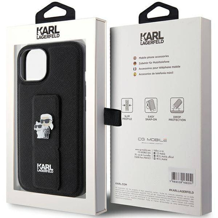 Karl Lagerfeld Gripstand Saffiano Karl&Choupette Pins Hülle für iPhone 15 Plus / 14 Plus – Schwarz