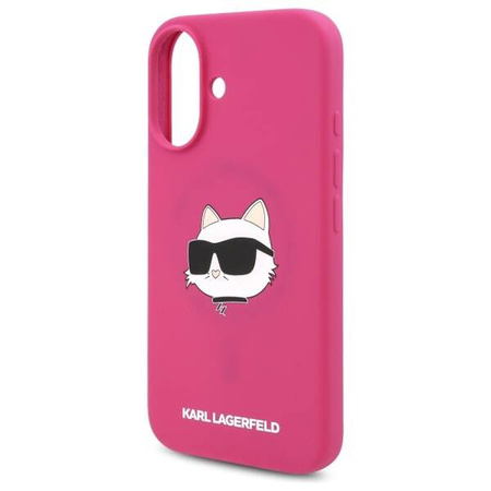 Original Handyhülle IPHONE 16 Karl Lagerfeld Hardcase Silicone Choupette Head Print MagSafe (KLHMP16SSCHPPLF) Fuchsie
