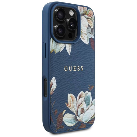 Etui IPHONE 16 PRO MAX Guess Grained Printed Flower Pattern MagSafe niebieskie