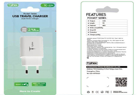 ŁAD SIEC T-PHOX POCKET SERIES 2xUSB TCC-224 12W 2.4A WHITE