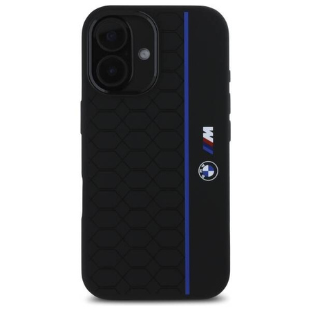 Oryginalne Etui IPHONE 16 BMW Hardcase Silicone Hexagon Blue Line MagSafe (BMHMP16S23SHEB) czarne