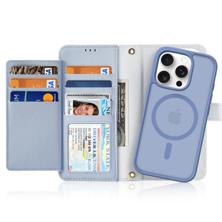 Etui skórzane Dux Ducis Lawa na iPhone 16 Pro Max z odłączanym portfelem magnetycznym - błękitne