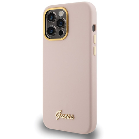 Guess Silikon Script Metal Logo &amp; Frame Hülle für iPhone 15 Pro Max – Rosa