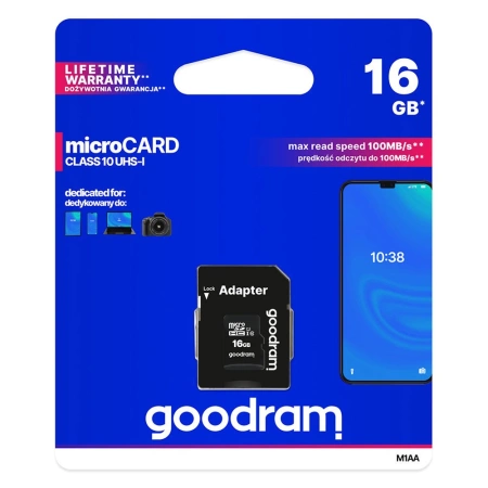 Goodram Microcard 16 GB karta pamięci micro SD HC UHS-I class 10, adapter SD (M1AA-0160R12)