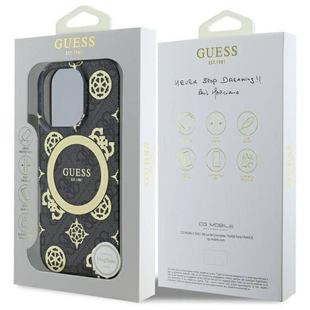 Original Handyhülle IPHONE 16 PRO MAX Guess Hardcase IML Peony On 4G Background MagSafe (GUHMP16XH4PYEEK) schwarz