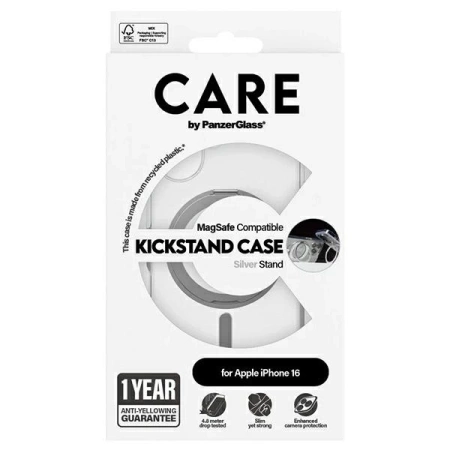 Etui CARE by PanzerGlass Feature Kickstand Case z MagSafe na iPhone 16 - srebrne