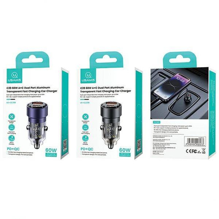 Ładowarka Samochodowa 60W Fast Charge USAMS C39 USB+USB-C fioletowy/purple CC208CC02 (US-CC208)