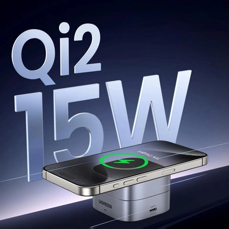 Ugreen W702 3in1 inductive charger with MagSafe / Qi2 and USB-C port for phone / headphones - black