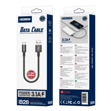 JELLICO kabel B28 USB-C 3.1A 0.3M Czarny