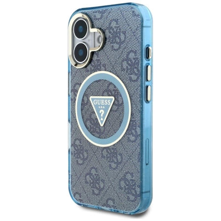 Guess IML Metal Glitter 4G Circle Triangle MagSafe Case für iPhone 16 - Blau