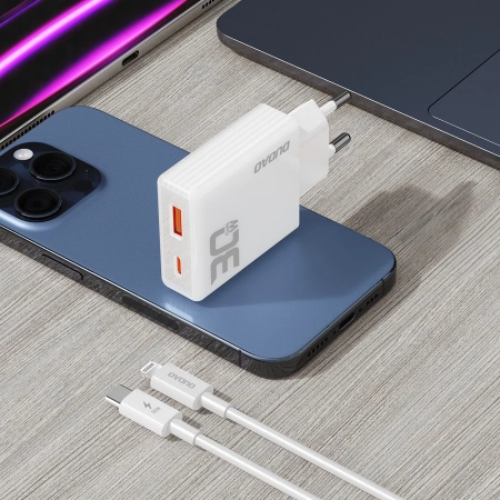 GaN Dudao A30EUL 30W USB-A / USB-C Wall Charger + USB-C - Lightning Cable - White