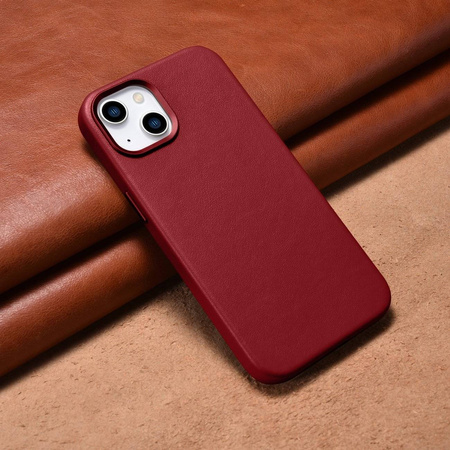 iCarer Case Leather pokrowiec etui z naturalnej skóry do iPhone 14 Plus czerwony (kompatybilne z MagSafe)