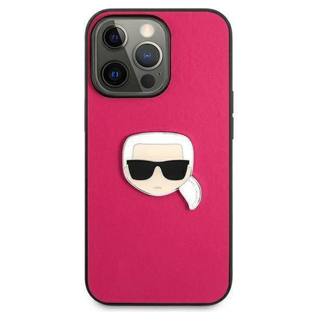 Oryginalne Etui IPHONE 13 PRO Karl Lagerfeld Hardcase Leather Ikonik Karl`s Head Metal (KLHCP13LPKMP) różowe