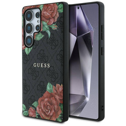 Original Handyhülle SAMSUNG GALAXY S25 ULTRA Guess Leather 4G Flowers Print Metal Classic Logo MagSafe schwarz