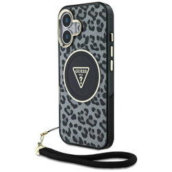 Original Handyhülle IPHONE 16 Guess HC IML Leopard Triangle Cord Strap schwarz