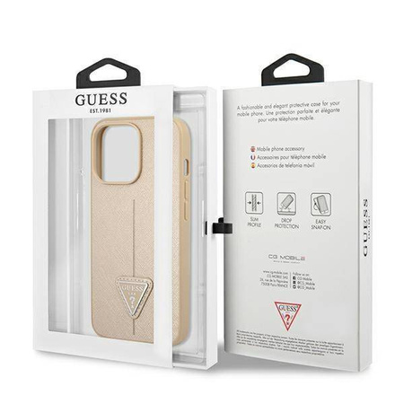 Oryginalne Etui IPHONE 14 PRO Guess Hardcase Saffianotriangle Logo (GUHCP14LPSATLE) beżowe