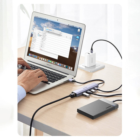 Ugreen wielofunkcyjny adapter HUB USB Typ C - 3 x USB / Ethernet RJ-45 / USB Typ C PD szary (CM475)