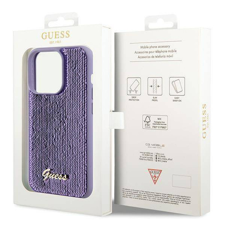 Etui Guess Sequin Script Metal na iPhone 15 Pro - fioletowe