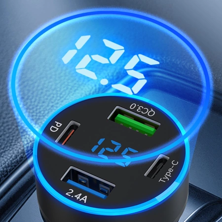 Ładowarka samochodowa Wozinsky WDCCB z wyświetlaczem 50W 2xUSB-C / 2xUSB-A - czarna