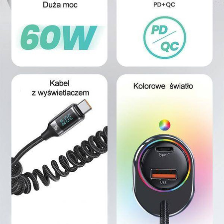 Ładowarka Samochodowa USAMS C37 1xUSB+1xUSB-C 60W + kabel USB-C 30W PD+QC Fast Charge czarny/black CC192CC01 (US-CC192)