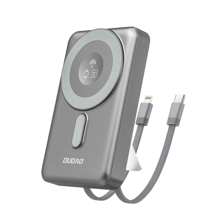 Dudao K29 10000 mAh PD 20 W MagSafe Powerbank mit Metallgehäuse, Ständer und integrierten USB-C/ Lightning Kabeln - Grau