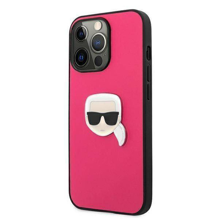 Oryginalne Etui IPHONE 13 PRO Karl Lagerfeld Hardcase Leather Ikonik Karl`s Head Metal (KLHCP13LPKMP) różowe