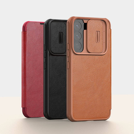 Nillkin Qin Leather Pro Case etui do Samsung Galaxy S22+ (S22 Plus) osłona na aparat kabura pokrowiec obudowa z klapką brązowy