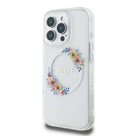Original Handyhülle IPHONE 16 PRO Guess Hardcase IML Flowers Wreath MagSafe (GUHMP16LHFWFCT) transparent