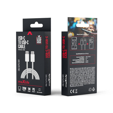 Maxlife kabel MXUC-06 USB-C - USB-C 1,0 m 20W szary nylonowy