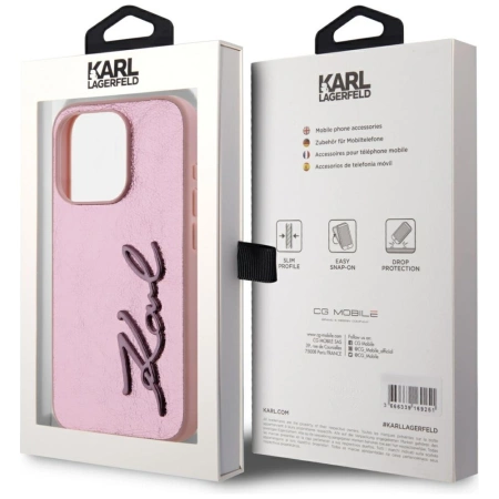 Karl Lagerfeld Wrinkled Metal Signature iPhone 15 Pro Max Hülle - Rosa