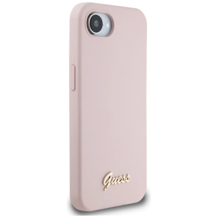 Guess Silikon Script Metal Logo MagSafe iPhone 16e Hülle - Rosa