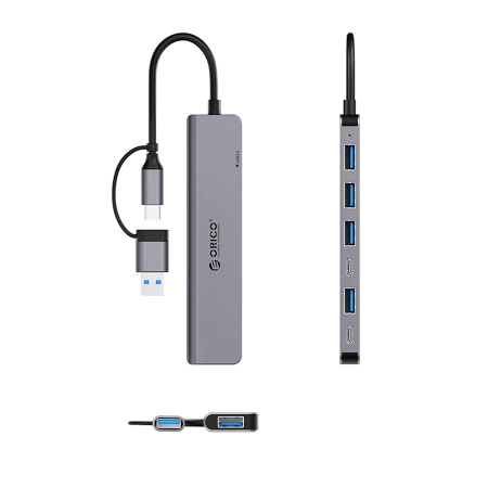 HUB 7-portowy input 2w1: USB-A/USB-C / output: 4x USB-A 2.0 + 1x USB-A 3.0 + 2x USB-C 2.0 przewód 0,17M - szary