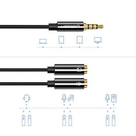 Ugreen kabel przewód rozdzielacz słuchawkowy 3,5 mm mini jack AUX mikrofon 20 cm (mikrofon + wyjście stereo) czarny (AV141 30620)