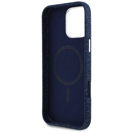 Original Handyhülle IPHONE 16 PRO Guess Denim Triangle Logo MagSafe blau