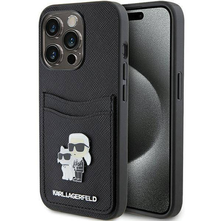 Etui Karl Lagerfeld Saffiano Cardslot Karl&Choupette Metal Pin do iPhone 15 Pro - czarne