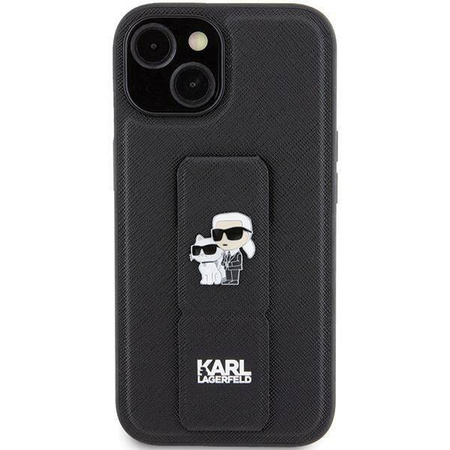 Karl Lagerfeld Gripstand Saffiano Karl&Choupette Pins Hülle für iPhone 15 Plus / 14 Plus – Schwarz
