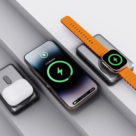 Dudao K29 10000mAh PD 20W MagSafe Power Bank with Metal Case, Stand and Built-in USB-C/ Lightning Cables - Gray