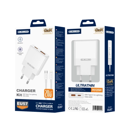 JELLICO ładowarka sieciowa EU57 PD 20W 1xUSB-C + 1xUSB QC3.0 + kabel USB-C - Lightning Biały