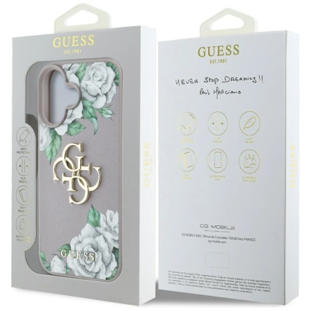 Guess Grained Roses Big 4G Logo iPhone 16 Case - Purple