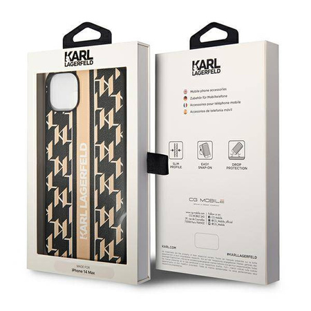 Original Handyhülle IPHONE 14 PLUS Karl Lagerfeld Hardcase Monogram Stripe (KLHCP14MPGKLSKW) braun