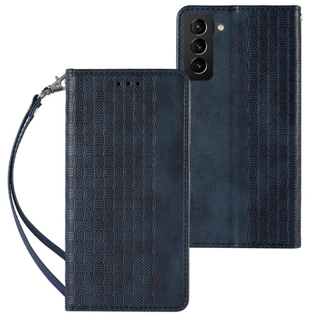 Magnetband Hülle Hülle für Samsung Galaxy S22+ (S22 Plus) Tasche Geldbörse + Mini Lanyard Anhänger Blau