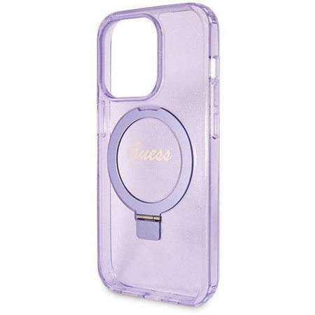 Oryginalne Etui IPHONE 14 PRO Guess Hardcase Ring Stand Script Glitter MagSafe (GUHMP14LHRSGSU) fioletowe