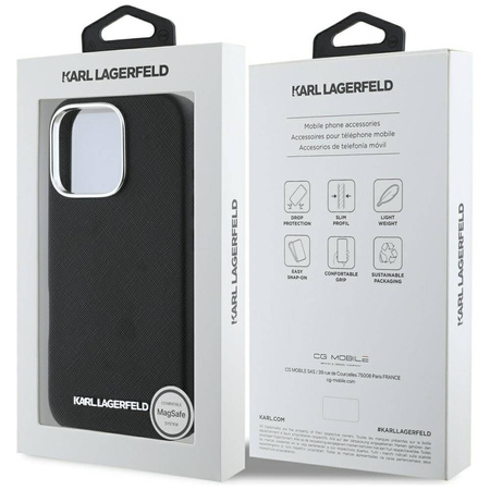 Original Case IPHONE 16 PRO Karl Lagerfeld Saffiano Full Wrapped Elongated Metal Logo MagSafe black
