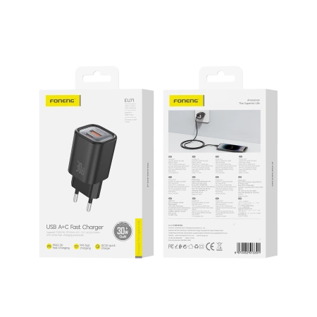 FONENG ładowarka sieciowa EU71 PD 30W 1xUSB-C + 1xUSB QC3.0 Czarny