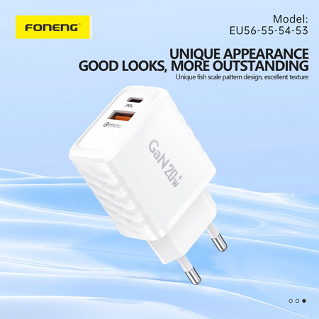 Foneng Ładowarka sieciowa EU56 GaN - USB + Typ C - QC 3.0 PD 20W biała