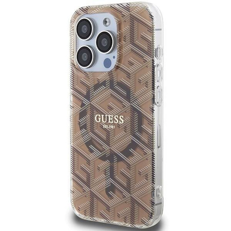 Oryginalne Etui GUESS Hardcase GUHMP15LHGCUSTGW do iPhone 15 Pro (Kompatybilny z Magsafe / IML GCUBE / brązowy)