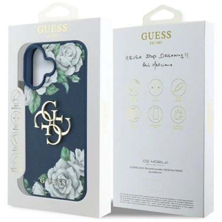 Guess Grained Roses Big 4G Logo Hülle für iPhone 16 - Blau