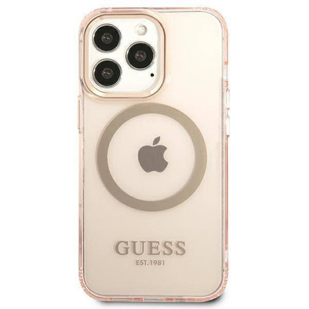 Original Handyhülle IPHONE 13 PRO Guess Hard Case Gold Outline Translucent MagSafe (GUHMP13LHTCMP) rosa